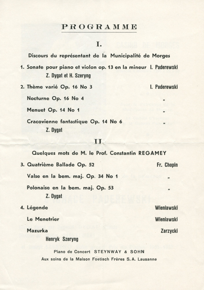 Programme et affichette du récital donné le 4 décembre 1960 à la Grande salle du Casino de Morges par le pianiste Zygmunt Dygat et le violoniste Henryk Szeryng en commémoration du centenaire de la naissance de Paderewski