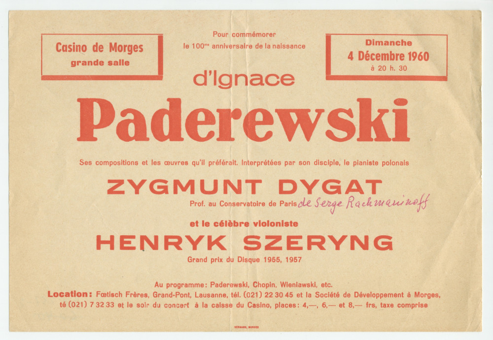 Programme et affichette du récital donné le 4 décembre 1960 à la Grande salle du Casino de Morges par le pianiste Zygmunt Dygat et le violoniste Henryk Szeryng en commémoration du centenaire de la naissance de Paderewski