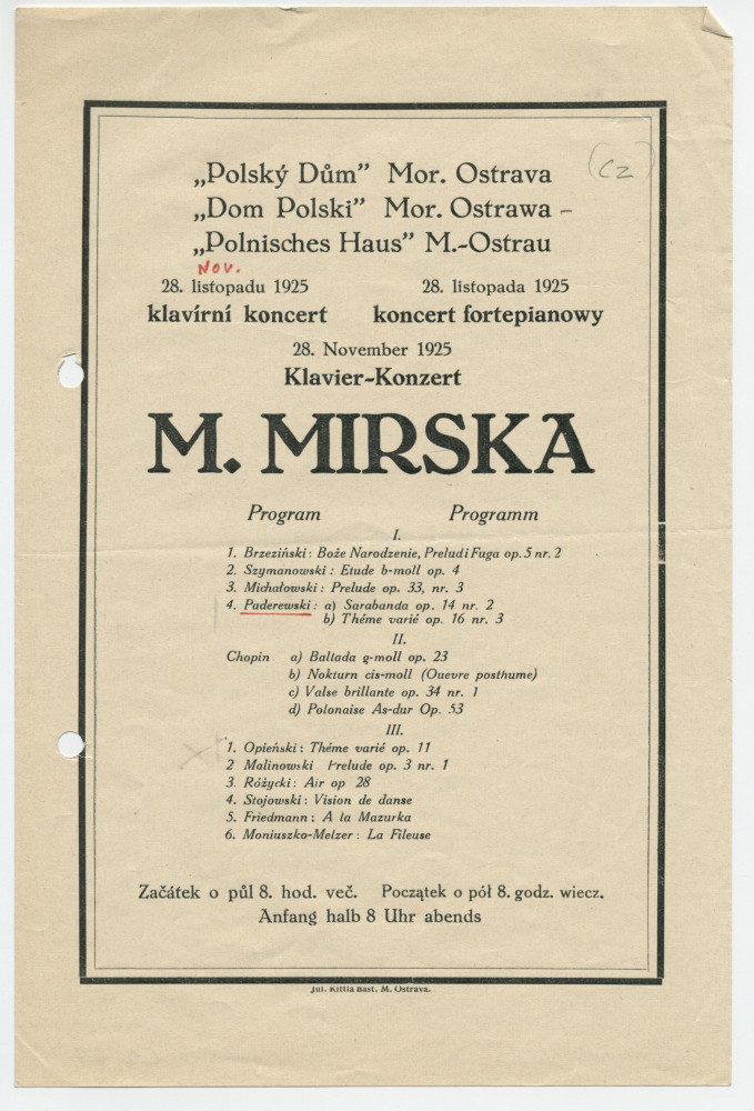 Programme du récital donné le 28 novembre 1925 à la Polsky Dum [Maison polonaise] d'Ostrava (en Moravie) par la pianiste [Maria] Mirska, interprète entre autres du «Thème varié» [op. 16 n° 3] et de la Sarabande [op. 14 n° 2] de Paderewski