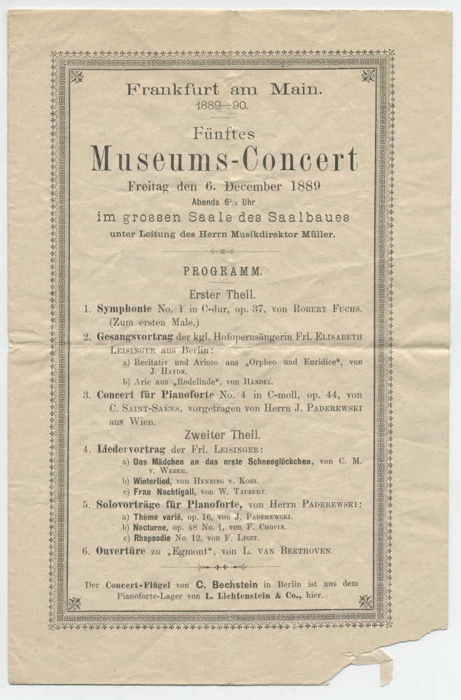 Programme du 5e «Museums-Concert» donné le 6 décembre 1889 dans la Grande salle du Saalbau de Francfort-sur-le-Main sous la direction du Musikdirektor Müller, avec le concours de Paderewski dans le Concerto n° 4 de Saint-Saëns