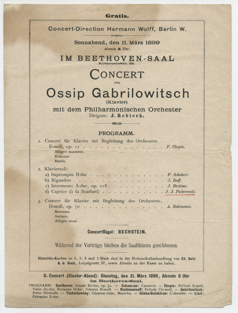 Programme du concert donné le 11 mars 1899 à la Beethoven-Saal de Berlin par le pianiste Ossip Gabrilowitsch, interprète entre autres du «Caprice (à la manière de Scarlatti)» de Paderewski