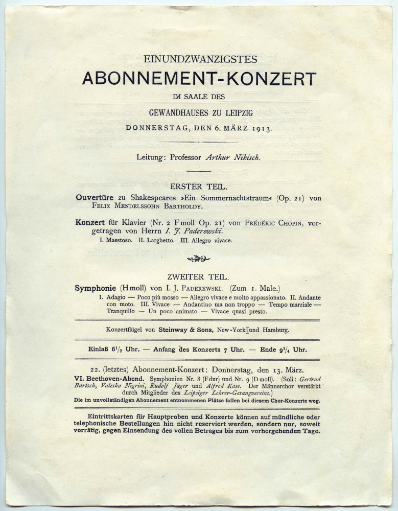 Programme du 120e concert d'abonnement du Gewandhaus de Leipzig donné le 6 mars 1913 sous la direction d'Arthur Nikisch, avec à l'affiche notamment le Concerto n° 2 de Chopin (avec Paderewski en soliste) et la Symphonie en si mineur
