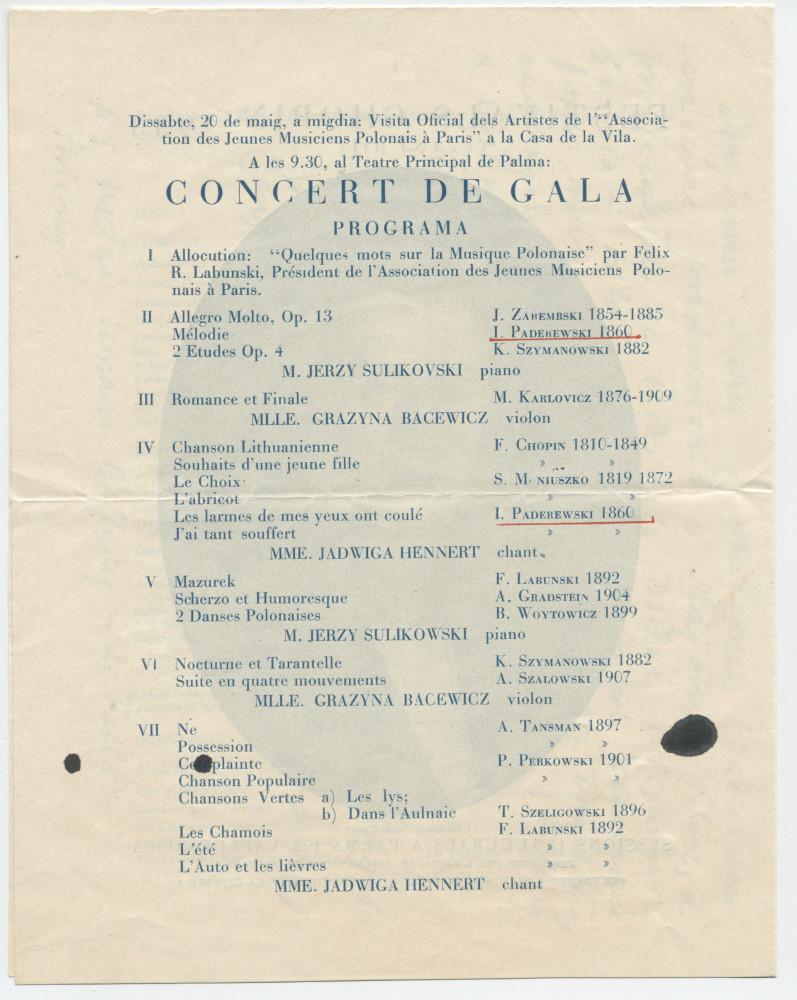 Programme du «concert de gala» donné le 20 mai 1933 au Teatre Principal de Palma de Majorque, dans le cadre du 3e Festival Chopin, par le pianiste Jerzy Sulikovski et la cantatrice Jadwiga Hennert (entre autres interprètes)