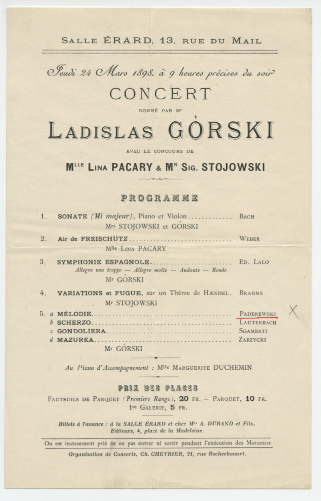 Programme du concert donné le 24 mars 1898 Salle Erard, 13 rue du Mail à Paris, par le violoniste Ladislas Gorski et la pianiste Marguerite Duchemin (entre autres musiciens), interprètes notamment de la Mélodie op. 16 n° 2 de Paderewski