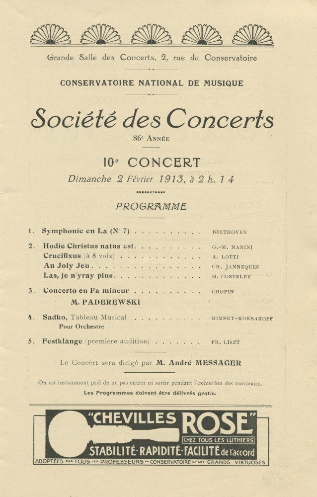 Programme du 10e concert de la 86e année de la Société des concerts [du Conservatoire] donné le 2 février 1913 au Conservatoire de Paris sous la direction d'André Messager, avec le concours de Paderewski dans le Concerto n° 2 de Chopin