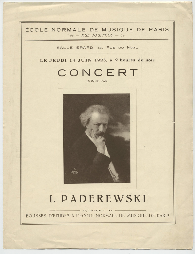 Programme du récital Chopin donné par Paderewski le 14 juin 1923 Salle Erard, 13 rue du Mail à Paris, sous l'égide de l'Ecole Normale de Musique de Paris, au profit de bourses d'études