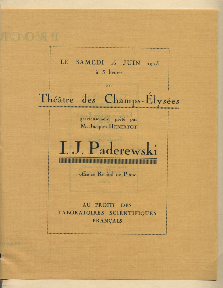 Programme du récital offert par Paderewski le 16 juin 1923 au Théâtre des Champs-Elysées à Paris («gracieusement prêté par M. Jacques Hébertot») au profit des Laboratoires scientifiques français