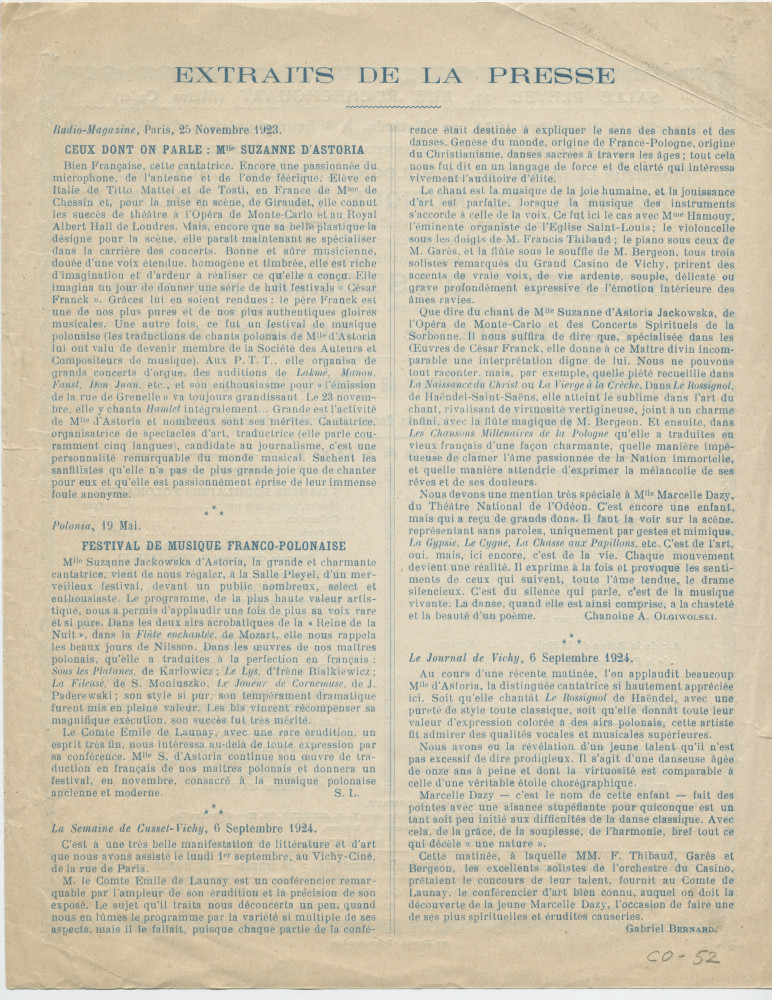 Programme (avec extraits de presse au verso) du 3e Festival de musique franco-polonaise organisé le 16 novembre 1924 Salle Pleyel à Paris, avec le concours (entre autres participants) de la cantatrice Suzanne d'Astoria Jackowski