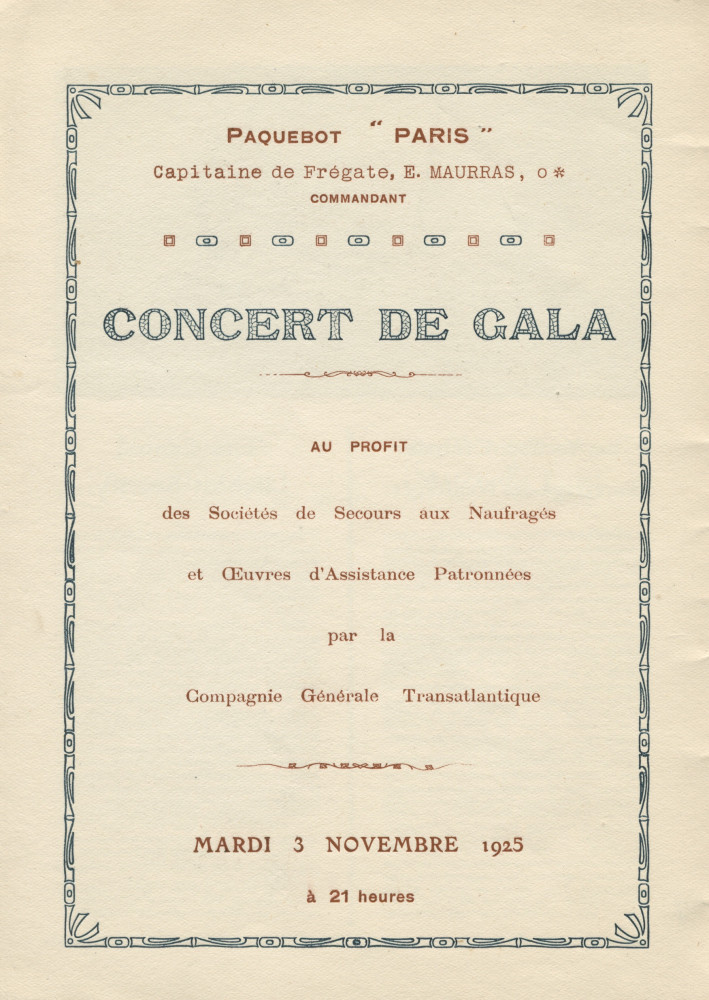 Libretto (bilingue français-anglais) de la Fête de bienfaisance organisée le 3 novembre 1925 à bord du paquebot «Paris» au profit des Sociétés de secours aux naufragés et Œuvres d'assistance patronnées par la Compagnie générale transatlantique (f-k)