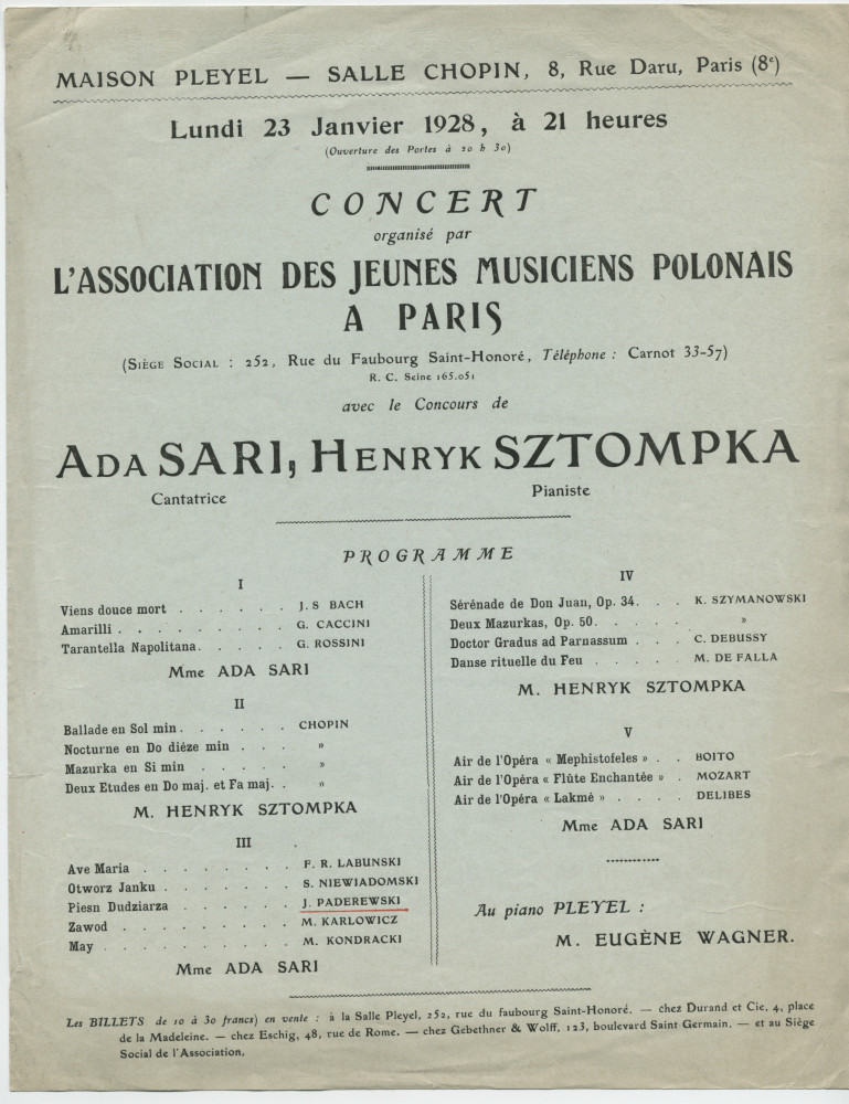 Programme du récital organisé par l'Association des jeunes musiciens polonais à Paris le 23 janvier 1928 à la Salle Chopin de la Maison Pleyel, 8 rue Daru à Paris, avec le concours de la cantatrice Ada Sari et du pianiste Eugène Wagner