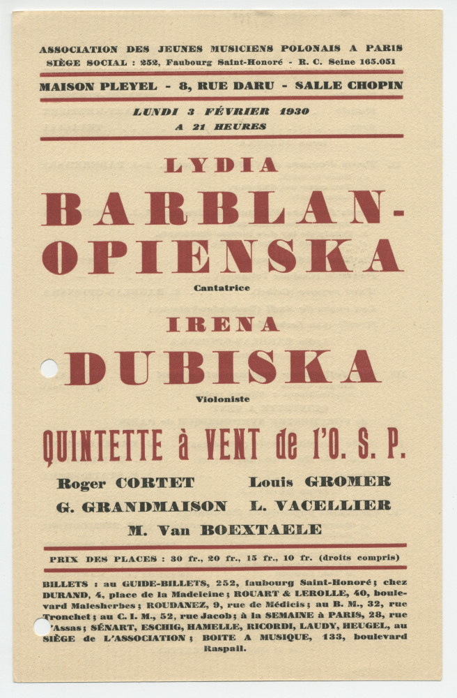 Programme du récital donné le 3 février 1930 à la Salle Chopin de la Maison Pleyel à Paris par la cantatrice Lydia Barblan-Opienska et la pianiste Suzanne Astruc (entre autres musiciens)