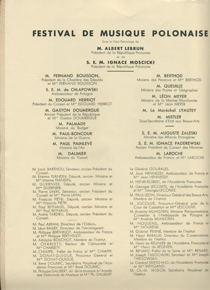 Libretto du Festival de musique polonaise organisé les 25, 27 et 28 juin 1932 au Théâtre des Champs-Elysées à Paris au profit de la Fondation Foch à l'occasion du centenaire de l'arrivée de Chopin en France (a-g)