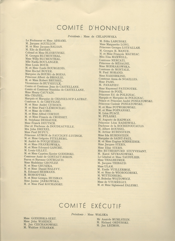 Libretto du Festival de musique polonaise organisé les 25, 27 et 28 juin 1932 au Théâtre des Champs-Elysées à Paris au profit de la Fondation Foch à l'occasion du centenaire de l'arrivée de Chopin en France (a-g)