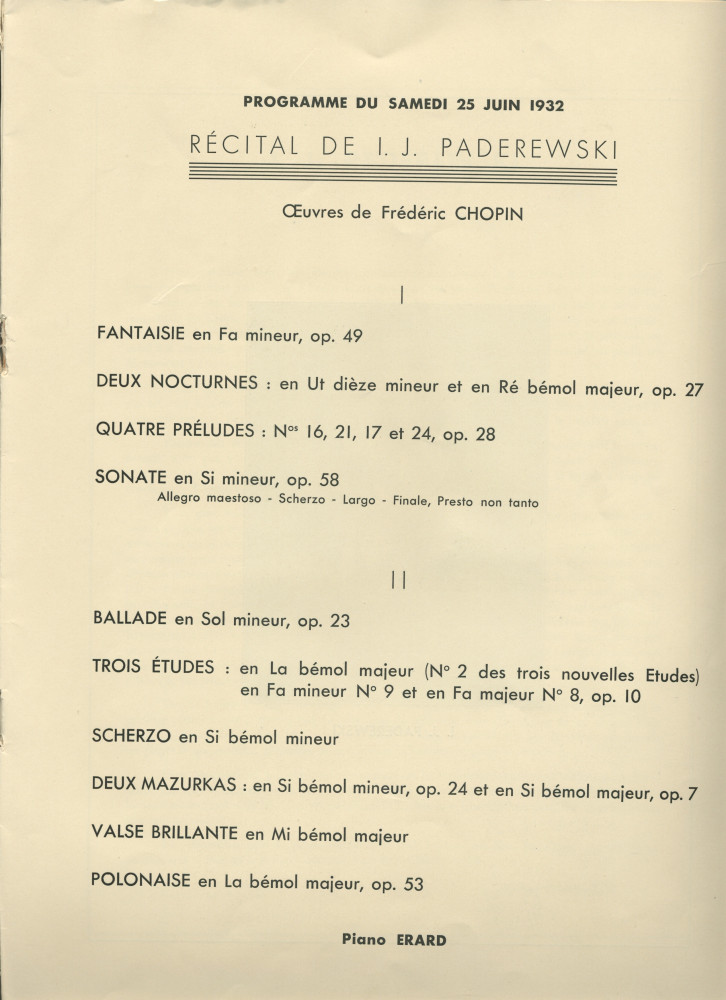 Libretto du Festival de musique polonaise organisé les 25, 27 et 28 juin 1932 au Théâtre des Champs-Elysées à Paris au profit de la Fondation Foch à l'occasion du centenaire de l'arrivée de Chopin en France (h-m)