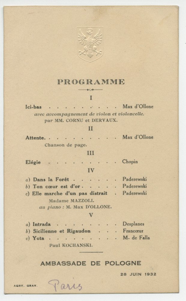 Programme du récital donné le 28 juin 1932 à l'Ambassade de Pologne à Paris par la cantatrice «Madame Mazzoli» et le pianiste Max d'Ollone (entre autres musiciens)
