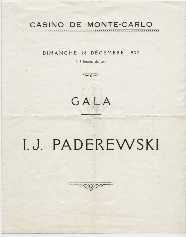 Programme du récital de gala donné par Paderewski le 18 décembre 1932 au Casino de Monte-Carlo