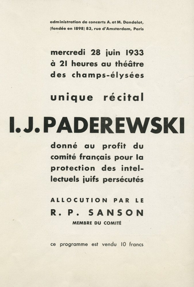 Libretto du récital donné par Paderewski le 28 juin 1933 au Théâtre des Champs-Elysées à Paris au profit du Comité français pour la protection des intellectuels juifs persécutés, avec allocution du R[abbin] P. Sanson – Avec billet d'entrée