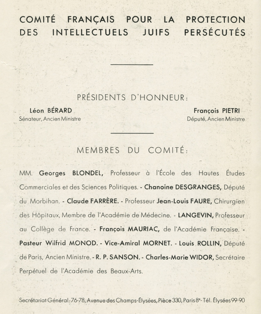 Libretto du récital donné par Paderewski le 28 juin 1933 au Théâtre des Champs-Elysées à Paris au profit du Comité français pour la protection des intellectuels juifs persécutés, avec allocution du R[abbin] P. Sanson – Avec billet d'entrée