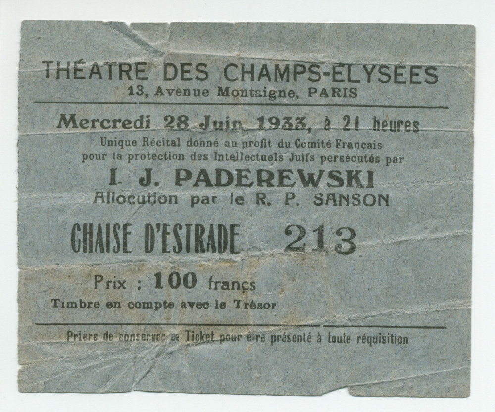 Libretto du récital donné par Paderewski le 28 juin 1933 au Théâtre des Champs-Elysées à Paris au profit du Comité français pour la protection des intellectuels juifs persécutés, avec allocution du R[abbin] P. Sanson – Avec billet d'entrée