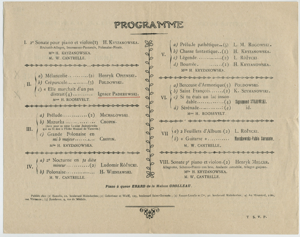 Programme du concert de musique polonaise donné le 25 mars 1940 à la Salle du Grand Cercle d'Angers par les Amis de la Pologne et organisé par la pianiste-compositeur Hélène Kryzanowska