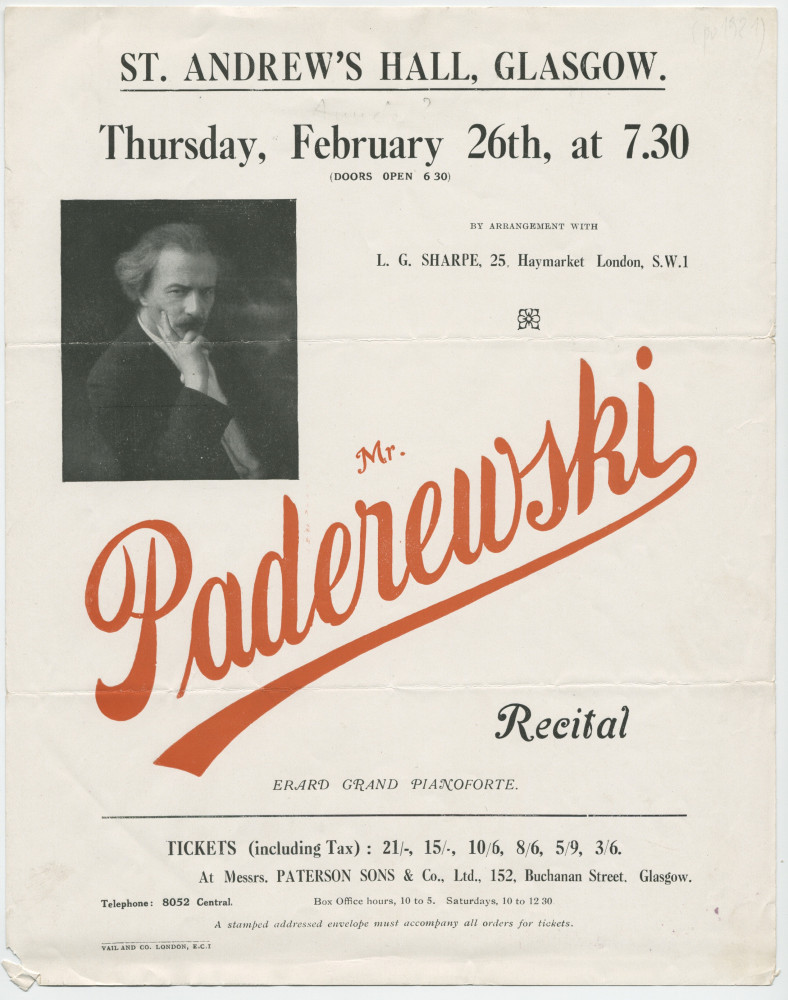Programme du récital donné par Paderewski le 26 février 1903 (?) au St. Andrew's Hall de Glasgow