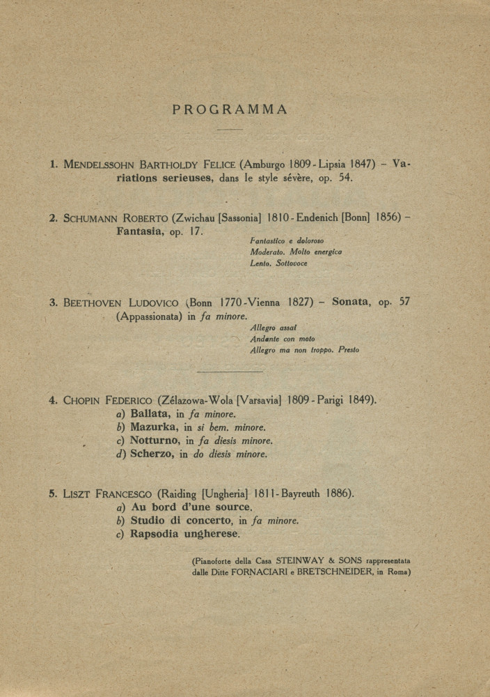 Libretto du récital donné par Paderewski le 14 janvier 1925 au Théâtre Augusteo de l'Académie nationale Sainte-Cécile de Rome