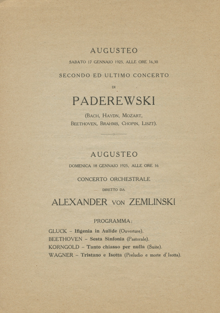 Libretto du récital donné par Paderewski le 14 janvier 1925 au Théâtre Augusteo de l'Académie nationale Sainte-Cécile de Rome