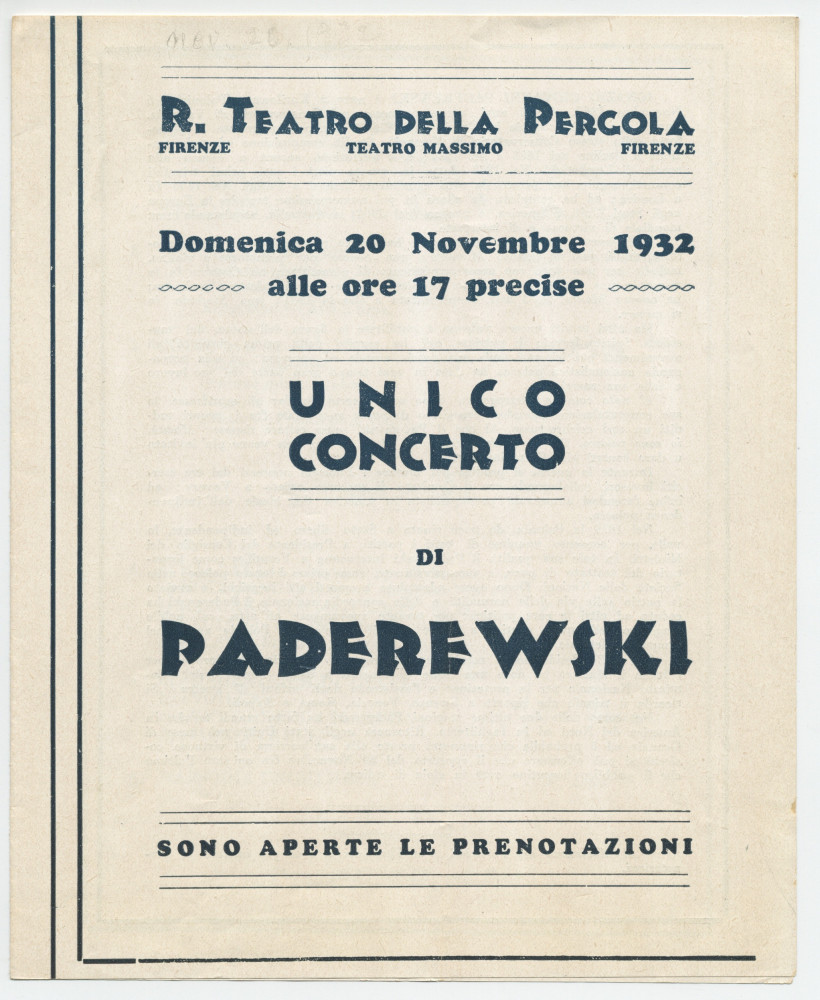 Programme de l'«unico concerto» [concert unique] donnée par Paderewski le 20 novembre 1932 au Teatro della Pergola à Florence