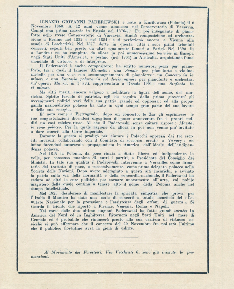 Programme de l'«unico concerto» [concert unique] donnée par Paderewski le 20 novembre 1932 au Teatro della Pergola à Florence