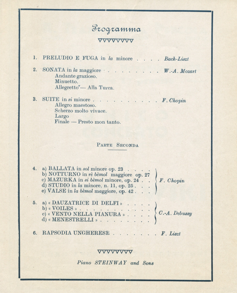 Programme de l'«unico concerto» [concert unique] donnée par Paderewski le 20 novembre 1932 au Teatro della Pergola à Florence