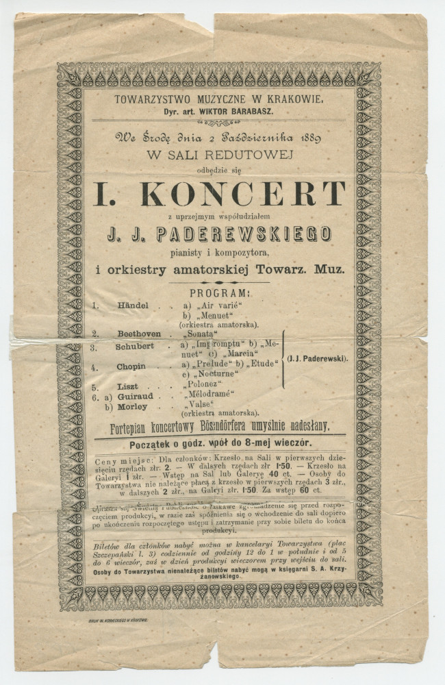Programme du concert donné le 2 octobre 1889 à la Salle des Redoutes de Cracovie par Paderewski et l'orchestre amateur de la Société de musique (organisatrice de l'événement et dirigée par Wiktor Barabasz)