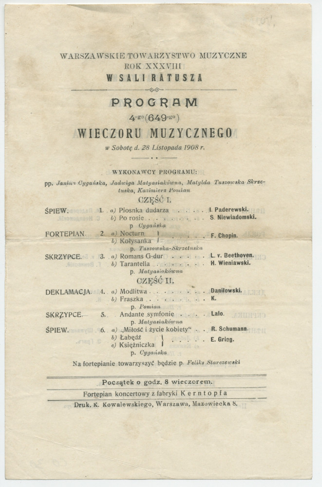 Programme du concert donné le 28 novembre 1908 à la Sali Ratusza [Hôtel de Ville] de Varsovie avec le concours de la cantatrice Janina Cyganska et du pianiste Feliks Starczewski (entre autres musiciens)