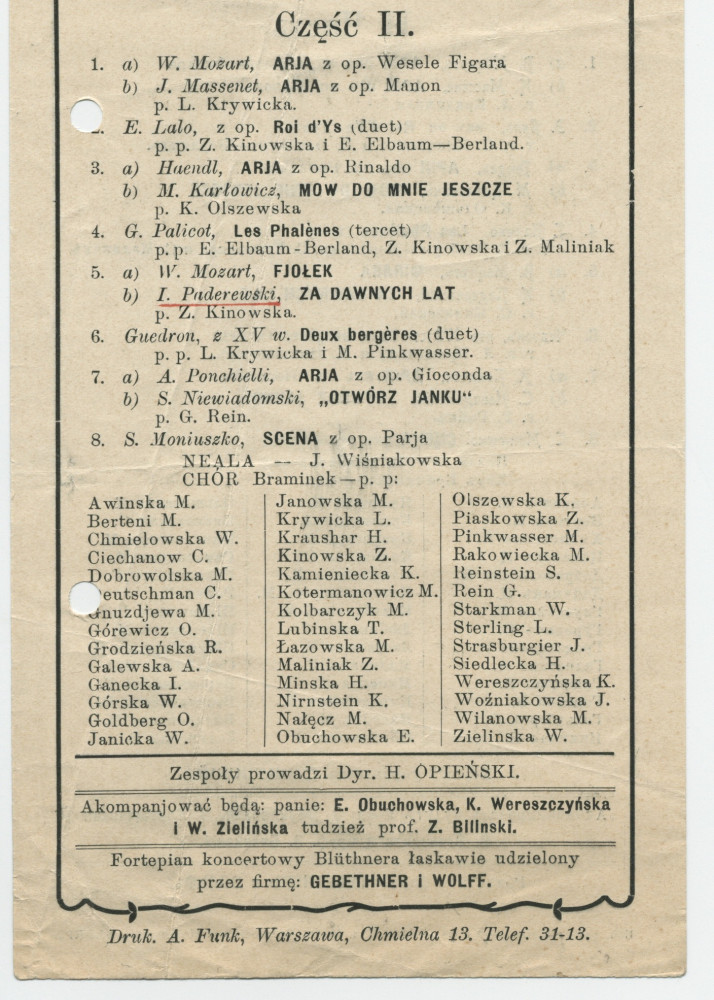 Programme du récital des élèves de l'école de chant de Marie Sobolewska [Marij Sobolewskiej] donné le 16 juin 1909 à l'Hôtel de ville de Varsovie, avec le concours notamment de Z. Kinowska interprète de «Za Dawnych Lat» de Paderewski