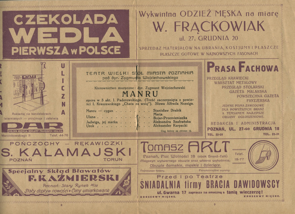 Programme de la représentation de l'opéra «Manru» de Paderewski le 27 septembre 1930 au Teatr Wielki [Grand Théâtre] de Poznan, sous la direction de Zygmunt Wojciechowski, avec Stanislas Drabik en Manru et Marja Bojar-Przemieniecka en Ulana (a-e)