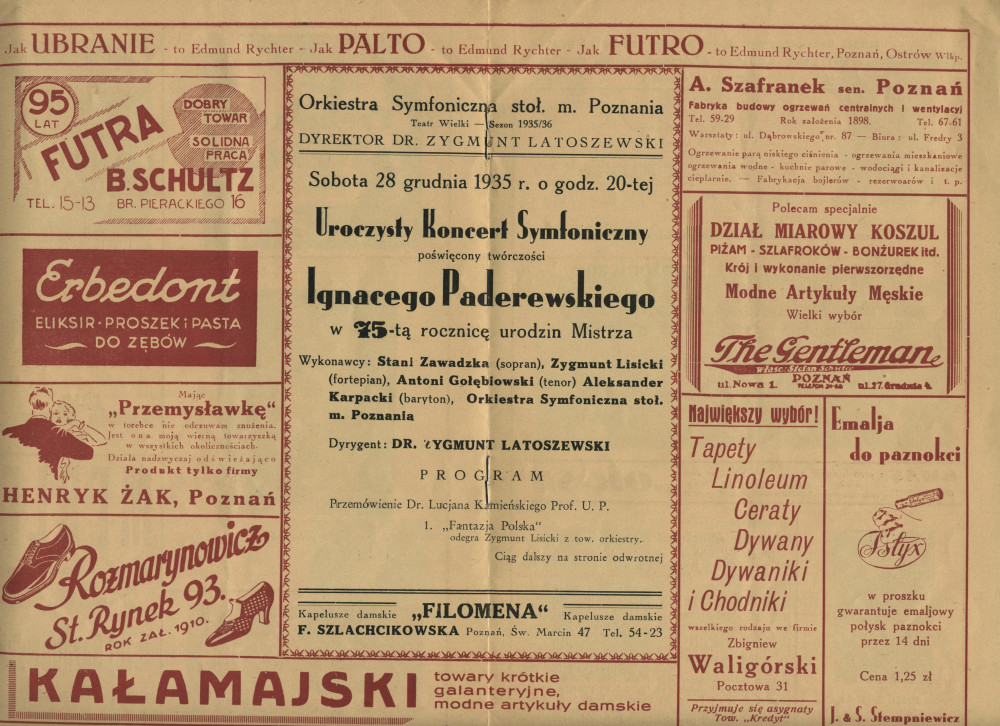 Programme du concert donné par l'Orchestre symphonique de Poznan le 28 décembre 1935 au Teatr Wielki [Grand Théâtre] de Poznan, sous la direction de Zygmunt Latoszewski (a-e)