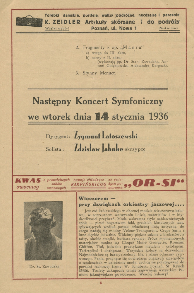 Programme du concert donné par l'Orchestre symphonique de Poznan le 28 décembre 1935 au Teatr Wielki [Grand Théâtre] de Poznan, sous la direction de Zygmunt Latoszewski (a-e)