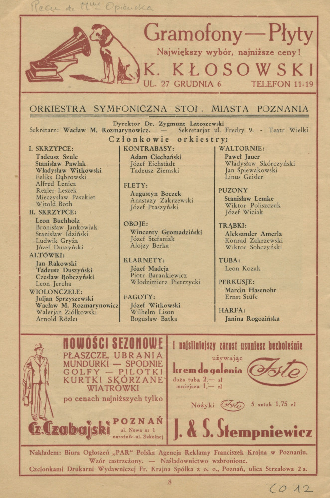 Programme du concert donné par l'Orchestre symphonique de Poznan le 28 décembre 1935 au Teatr Wielki [Grand Théâtre] de Poznan, sous la direction de Zygmunt Latoszewski (f-g)