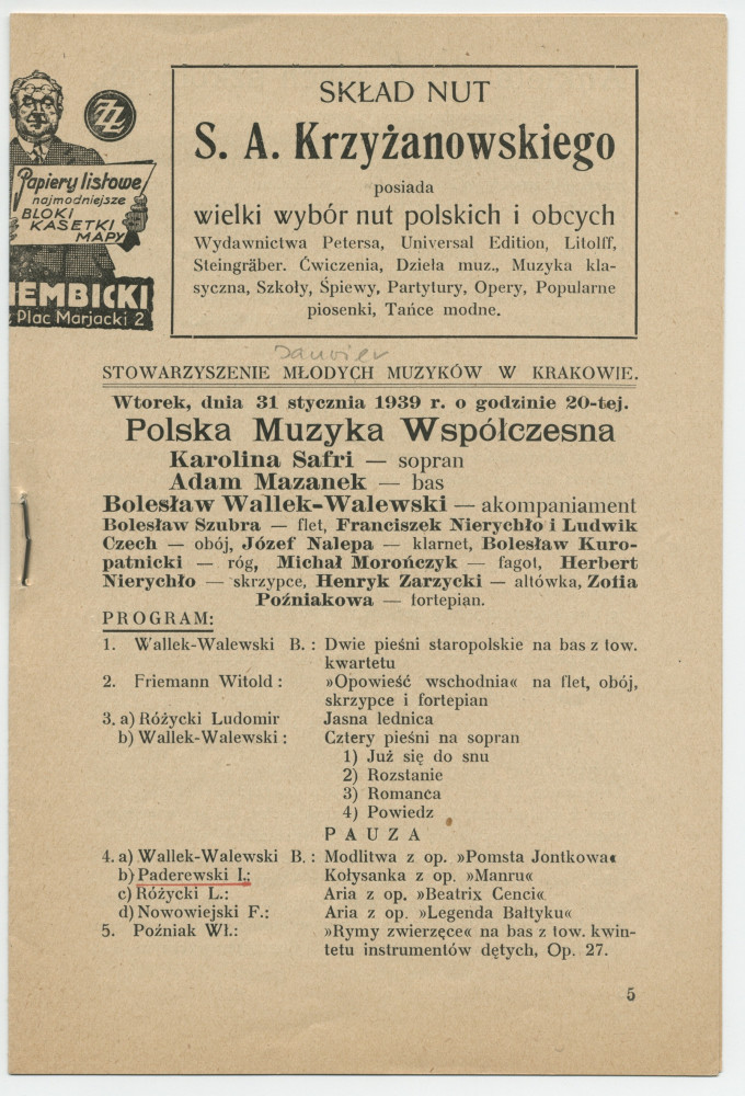 Programme d'un concert de musique contemporaine polonaise présenté par l'Association des jeunes musiciens de Cracovie le 31 janvier 1939 à Cracovie