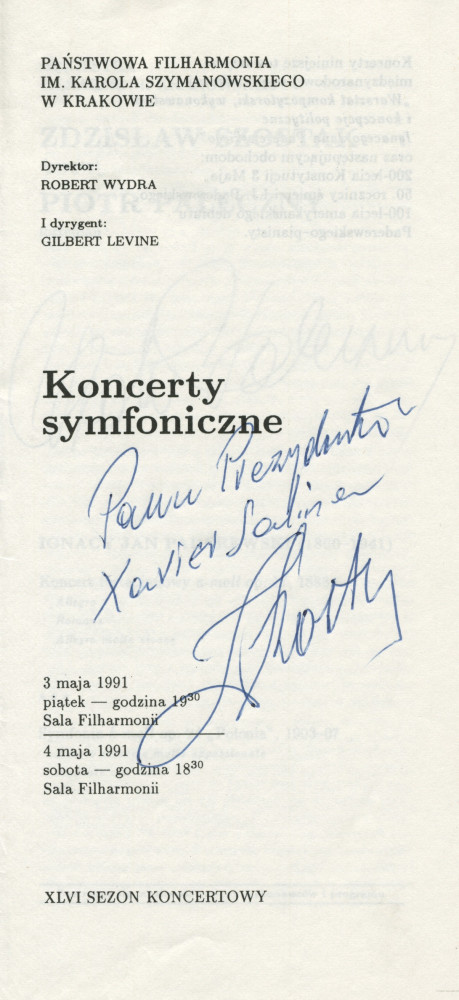 Programme (dédicacé) du concert donné le 3 mai 1991 à la Philharmonie d'Etat de Cracovie par l'Orchestre philharmonique de Cracovie dirigé par Zdzislaw Szostak, avec à l'affiche le Concerto pour piano et la Symphonie en si mineur de Paderewski
