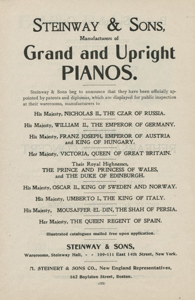 Libretto du 9e «Rehearsal and Concert» (avec entre autres Paderewski en soliste dans le Concerto «L'Empereur») et du récital donné par Paderewski les 22, 23 et 27 décembre 1899 au Music Hall de Boston