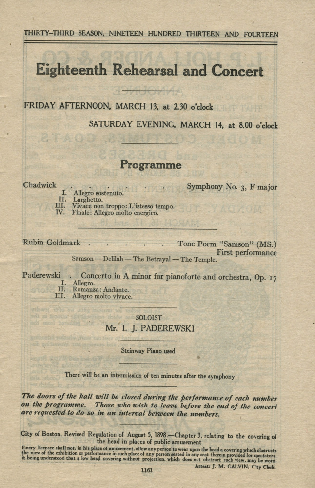 Libretto du 18e concert de la saison 1912-1913 du Boston Symphony Orchestra donné le 13 mars 1913 au Symphony Hall de Boston sous la direction de Karl Muck, avec la participation de Paderewski dans son Concerto pour piano