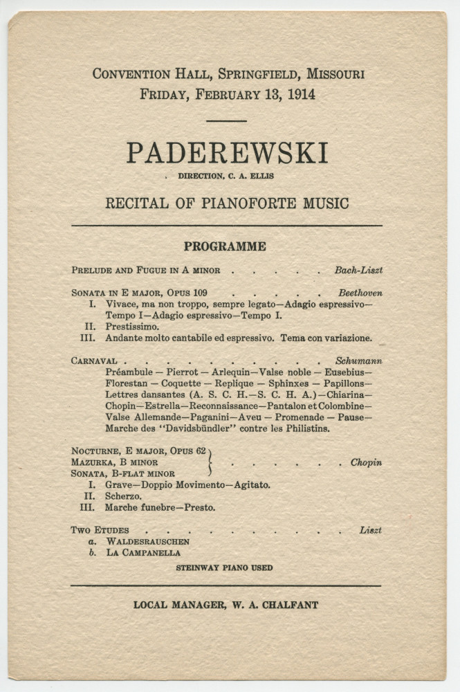 Programme du récital donné par Paderewski le 13 février 1914 au Convention Hall de Springfield (Missouri)