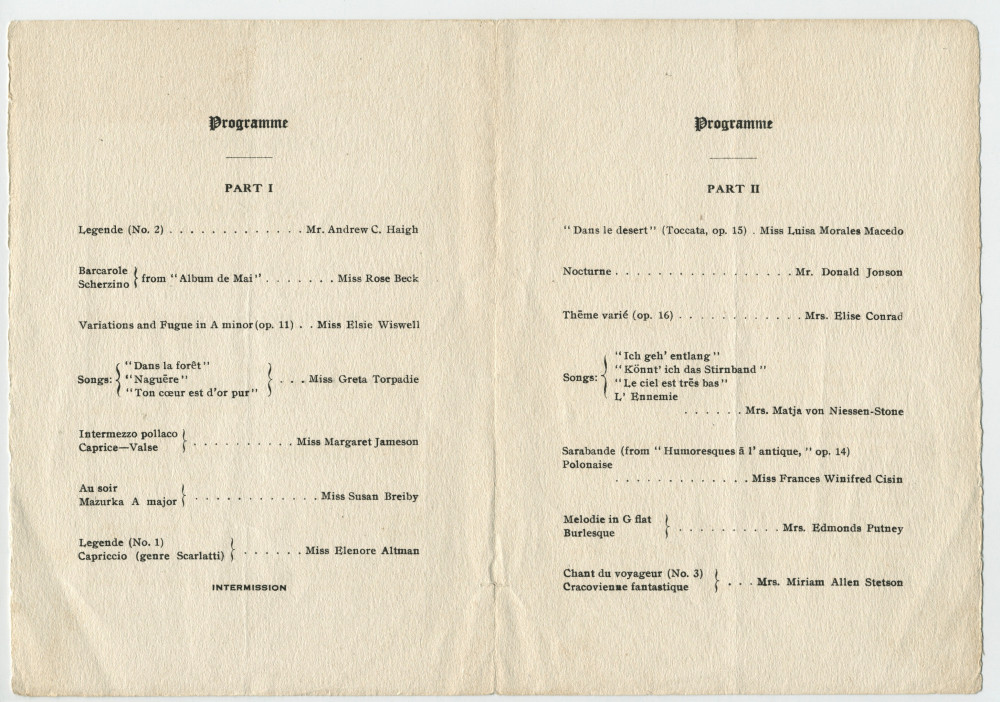 Programme du récital Paderewski donné par des élèves de Zygmunt Stojowski le 26 avril 1914 à New York