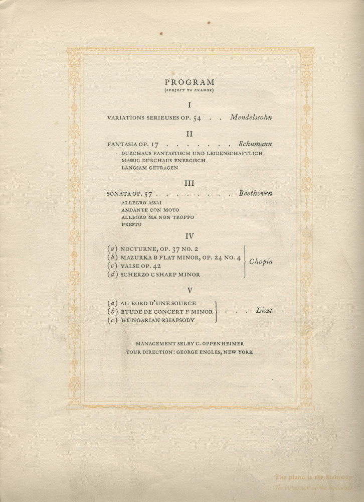 Libretto du récital donné «On the Steinway Piano, the Instrument of the Immortals» par Paderewski le 8 mars 1923 à l'Exposition Auditorium de San Francisco (Californie) (a-i)