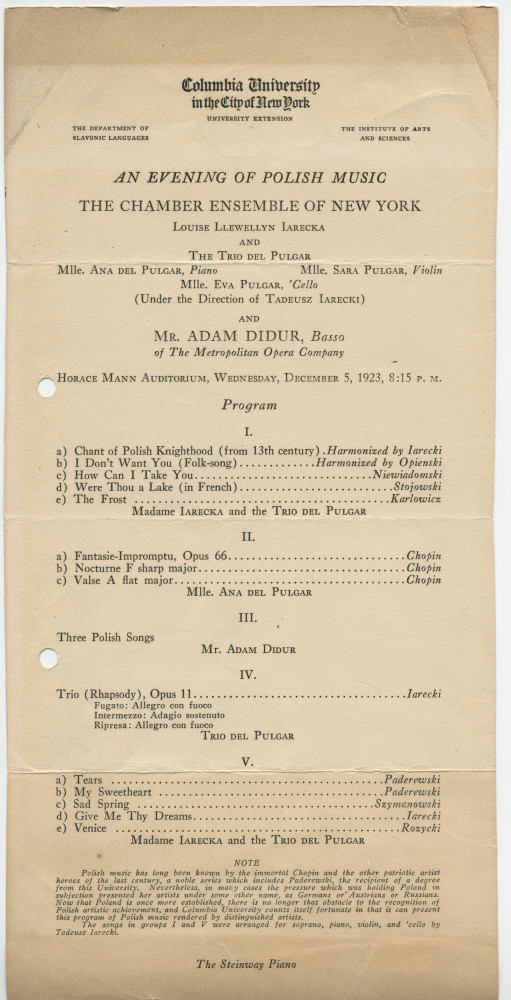 Programme de la soirée de musique polonaise proposée le 5 décembre 1923 à l'Auditorium Horace Mann de la Columbia University de New York par la cantatrice Louise Llewellyn Iareka et le Trio del Pulgar