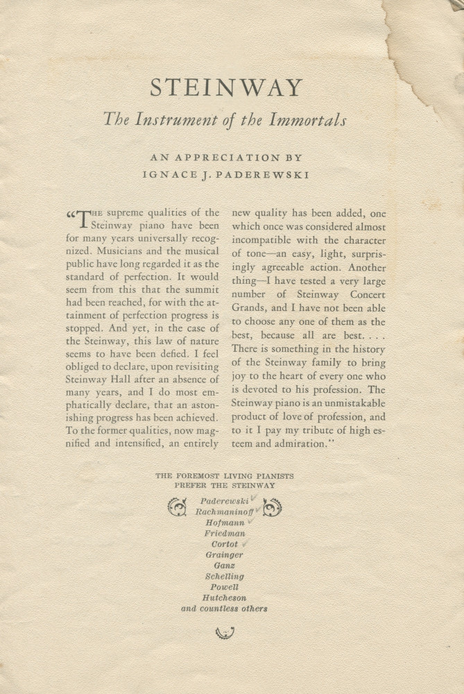 Libretto du récital donné «On the Steinway Piano, the Instrument of the Immortals» par Paderewski le 29 février 1924 à Oakland (Californie) (?)