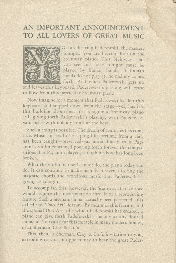 Libretto du récital donné «On the Steinway Piano, the Instrument of the Immortals» par Paderewski le 29 février 1924 à Oakland (Californie) (?)