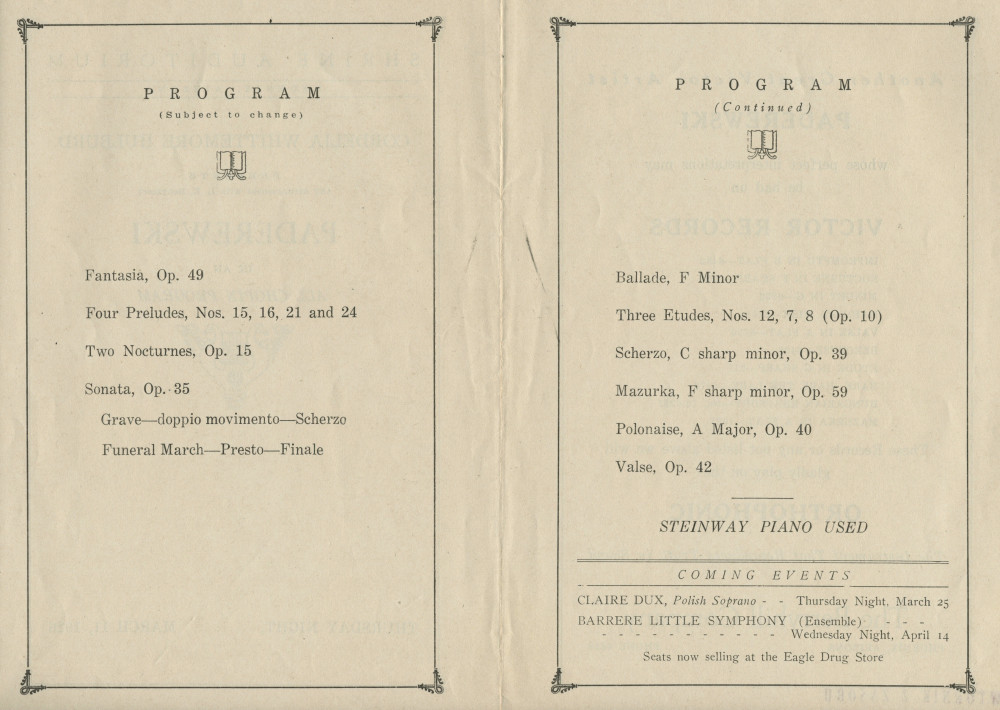 Programme du récital Chopin donné par Paderewski le 11 mars 1926 au Shrine Auditorium de Phoenix (Arizona)