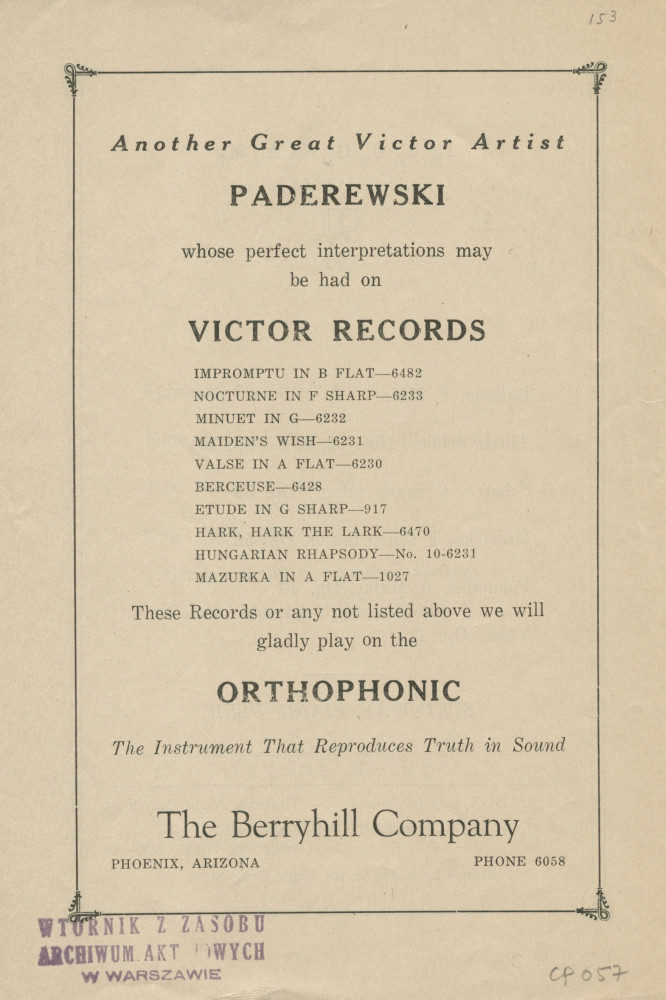 Programme du récital Chopin donné par Paderewski le 11 mars 1926 au Shrine Auditorium de Phoenix (Arizona)