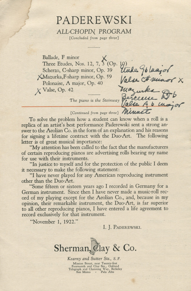 Libretto (en deux parties) du récital Chopin donné par Paderewski le 21 mars 1926 à l'Exposition Auditorium de San Francisco (Californie) (a-g)